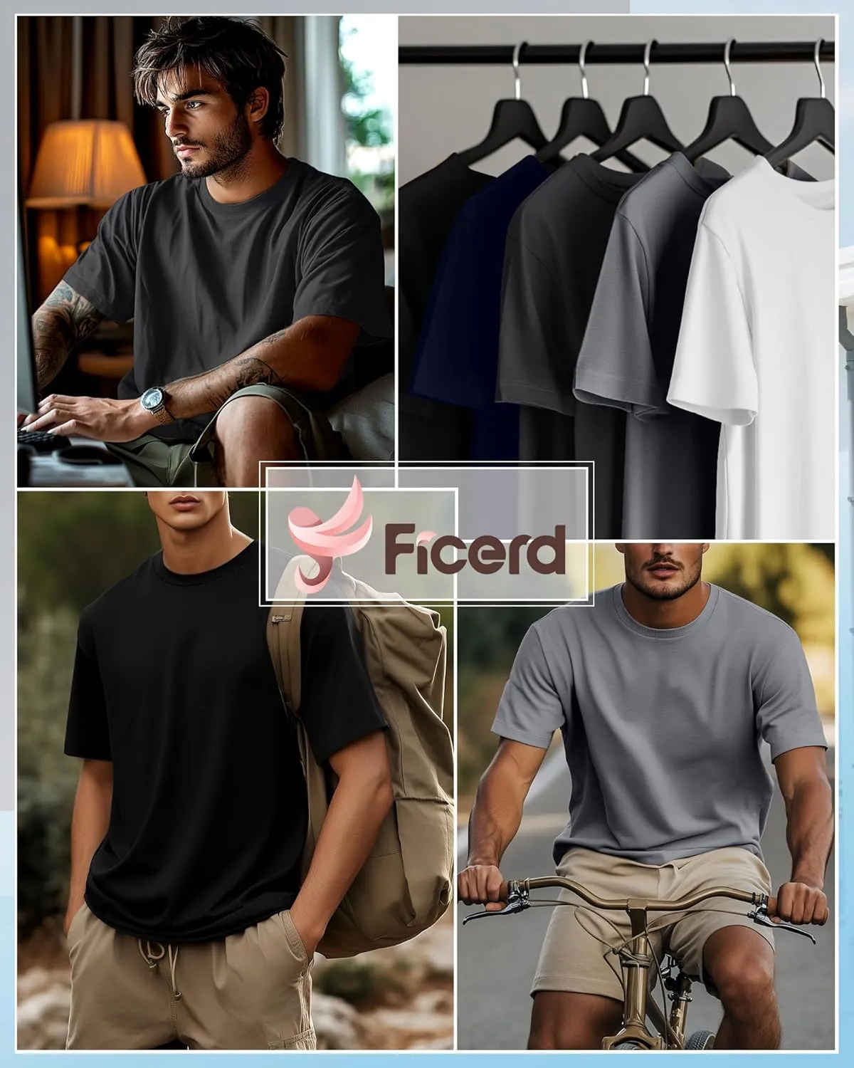 Ficerd 5 Pack Men's Big and Tall Shirts Short Sleeve Cotton Tee Summer Crew Neck Oversize Top Loose Fit Shirt Multipack
