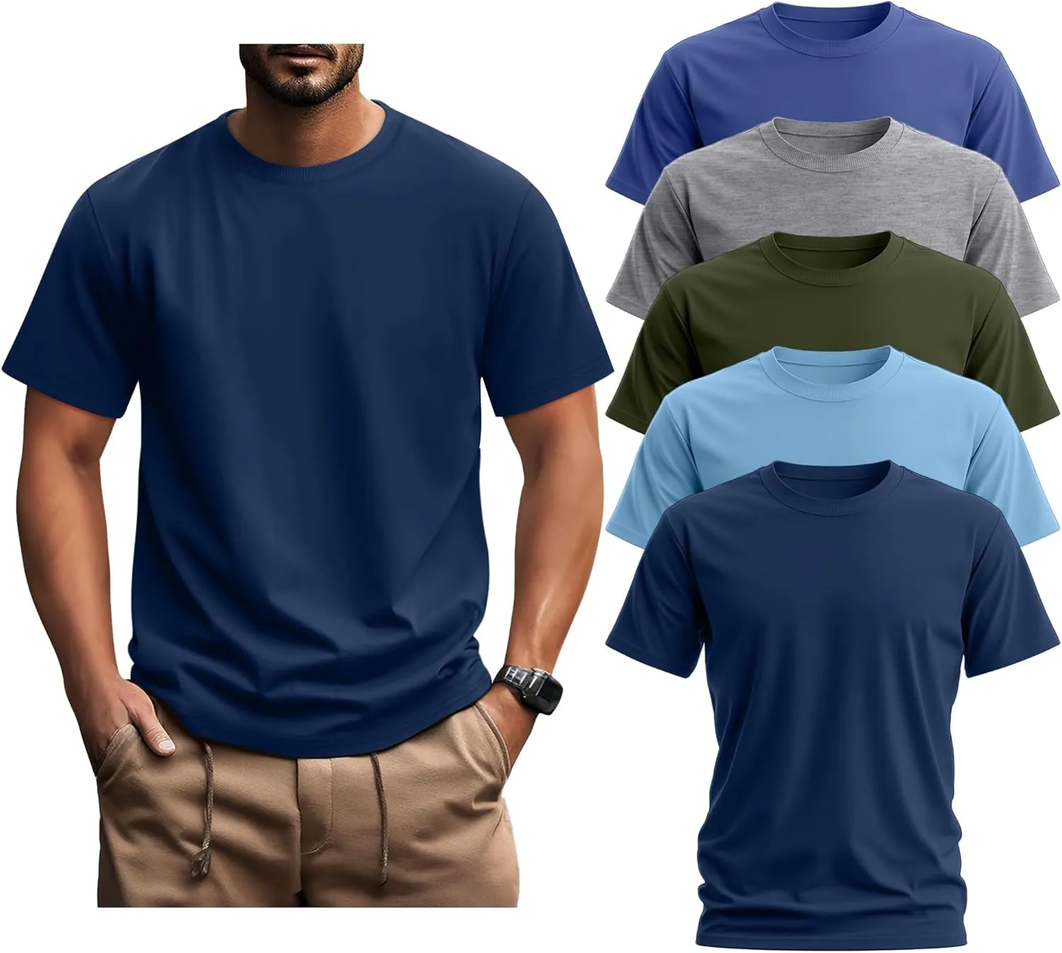 Ficerd 5 Pack Men's Big and Tall Shirts Short Sleeve Cotton Tee Summer Crew Neck Oversize Top Loose Fit Shirt Multipack