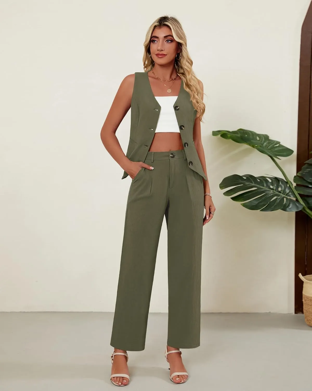 Ficerd Women's 2 Piece Outfits, Sleeveless Cotton Suit Vest and Wide Leg Pant Summer Business Casual Button V Neck Blazer Set
