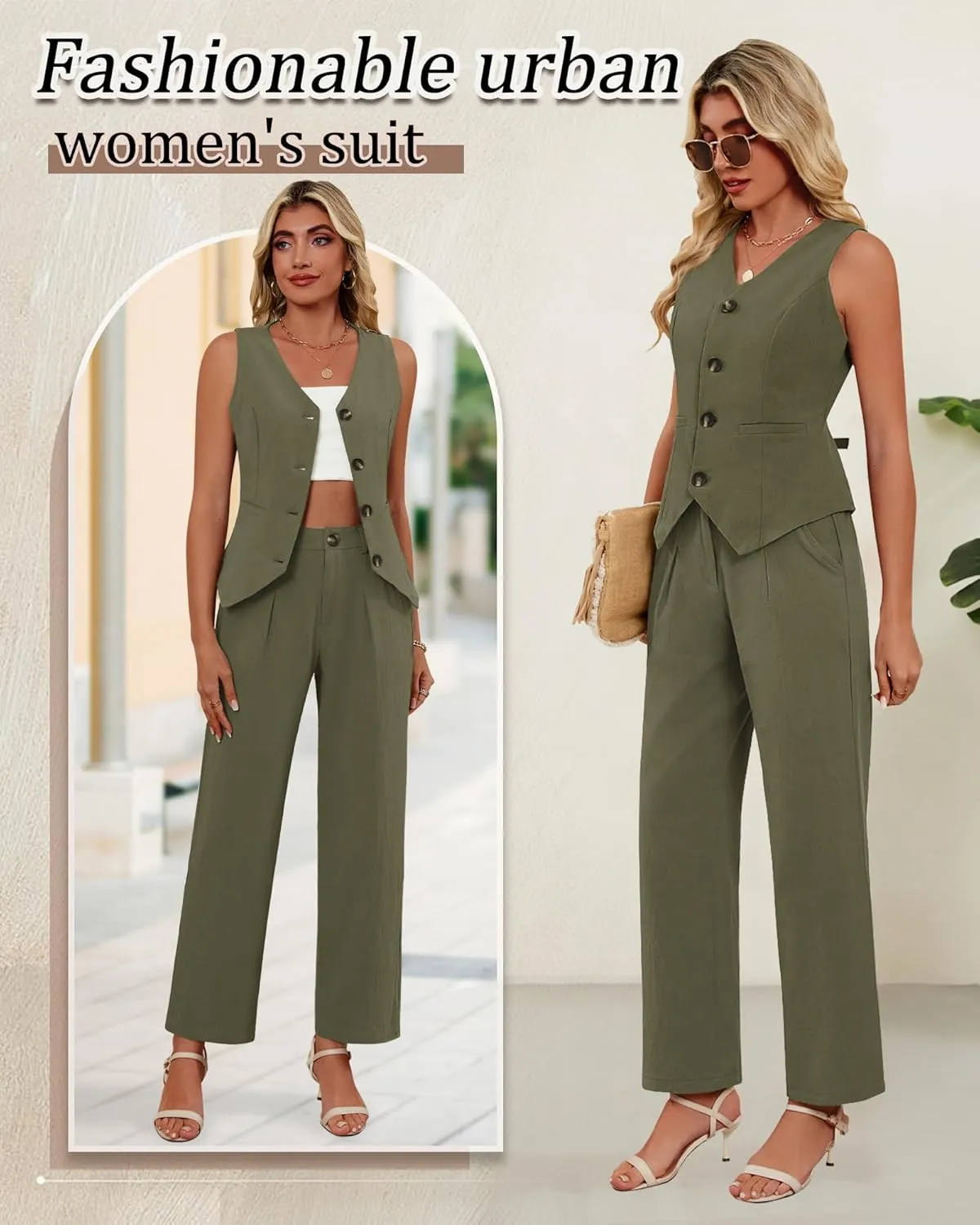 Ficerd Women's 2 Piece Outfits, Sleeveless Cotton Suit Vest and Wide Leg Pant Summer Business Casual Button V Neck Blazer Set