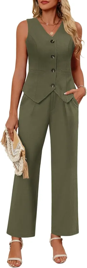 Ficerd Women's 2 Piece Outfits, Sleeveless Cotton Suit Vest and Wide Leg Pant Summer Business Casual Button V Neck Blazer Set