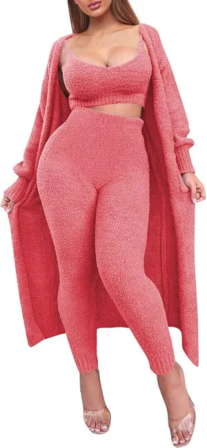 Fixmatti Women's Fuzzy Fleece 3 Piece Lounge Set Crop Tops Leggings Long Cardigan Knitted Sweatsuit Outfits