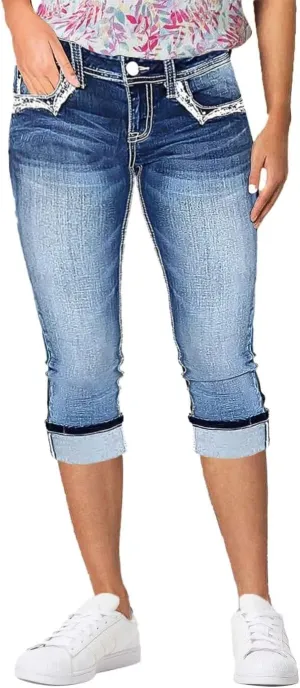 Flamingals Mid Rise Capri Jeans for Women Roll Hem Skinny Capri Pants