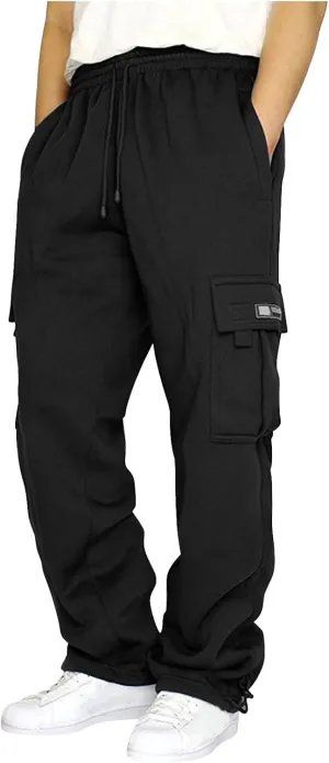 Fleece Baggy Sweatpants for Men, Straight Leg Cargo Sweatpants with Pockets, Loose Elastic Waist Drawstring Jogger Pants