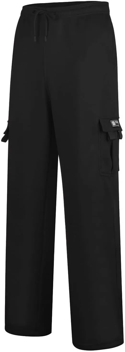 Fleece Baggy Sweatpants for Men, Straight Leg Cargo Sweatpants with Pockets, Loose Elastic Waist Drawstring Jogger Pants