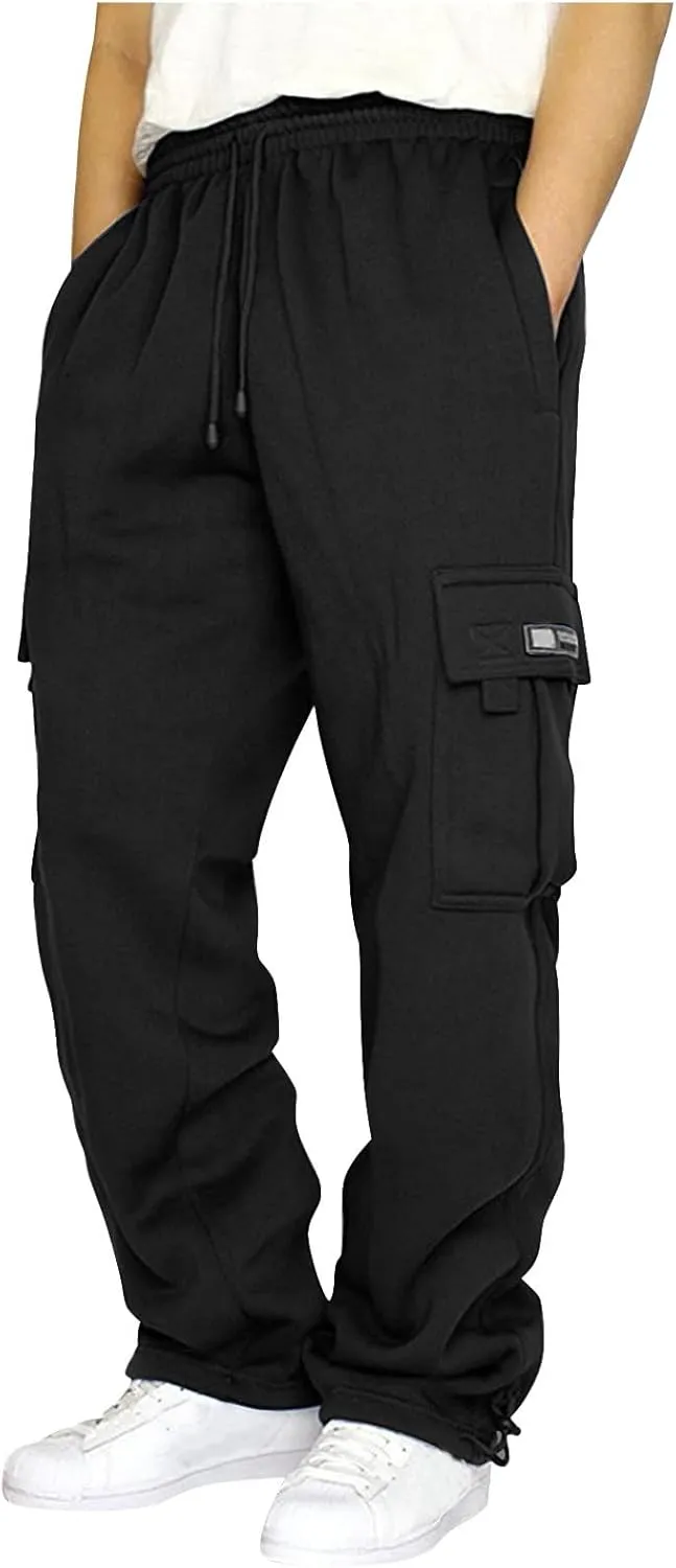 Fleece Baggy Sweatpants for Men, Straight Leg Cargo Sweatpants with Pockets, Loose Elastic Waist Drawstring Jogger Pants