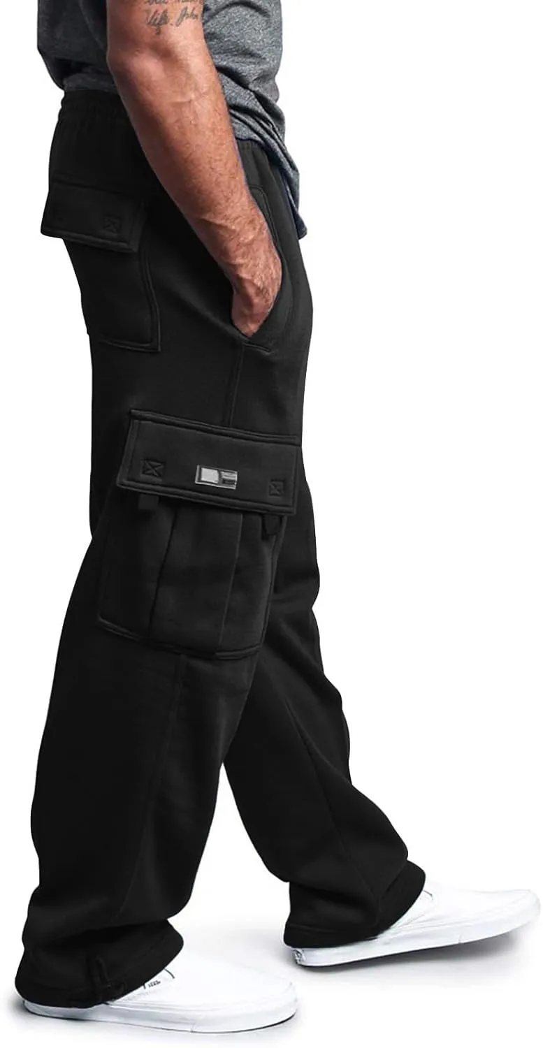 Fleece Baggy Sweatpants for Men, Straight Leg Cargo Sweatpants with Pockets, Loose Elastic Waist Drawstring Jogger Pants