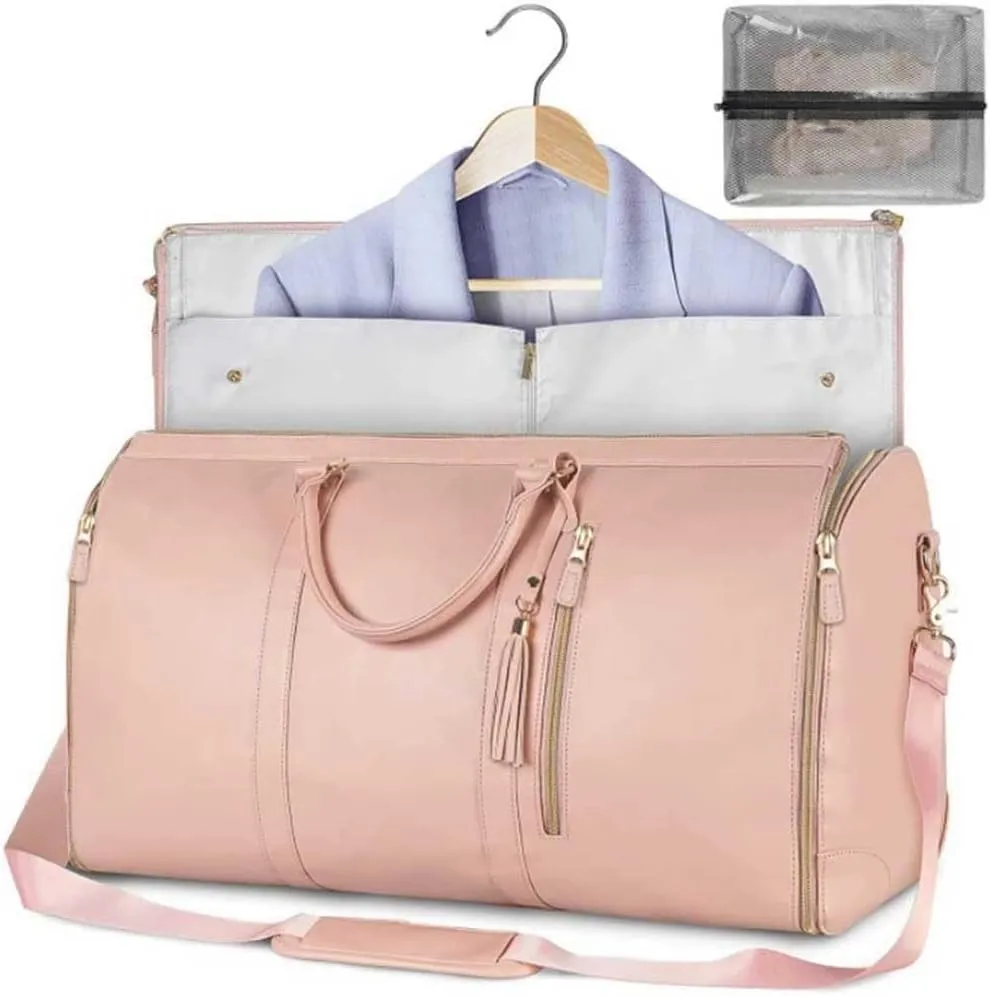 Garment Bag Convertible Duffel Bag PU Leather Folding Suit Storage Bag Large Capacity for Weekend Getaways (02)