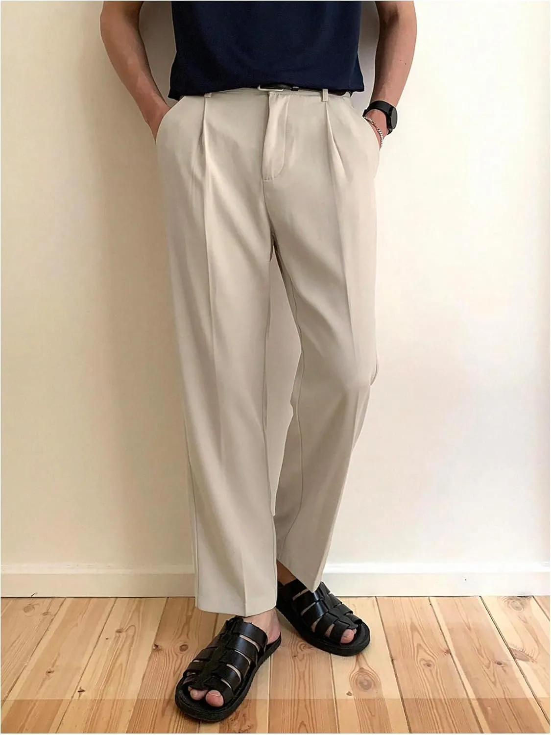 GORGLITTER Men's Pleated Dress Pants High Waisted Work Office Business Tapered Suit Pants with Pockets