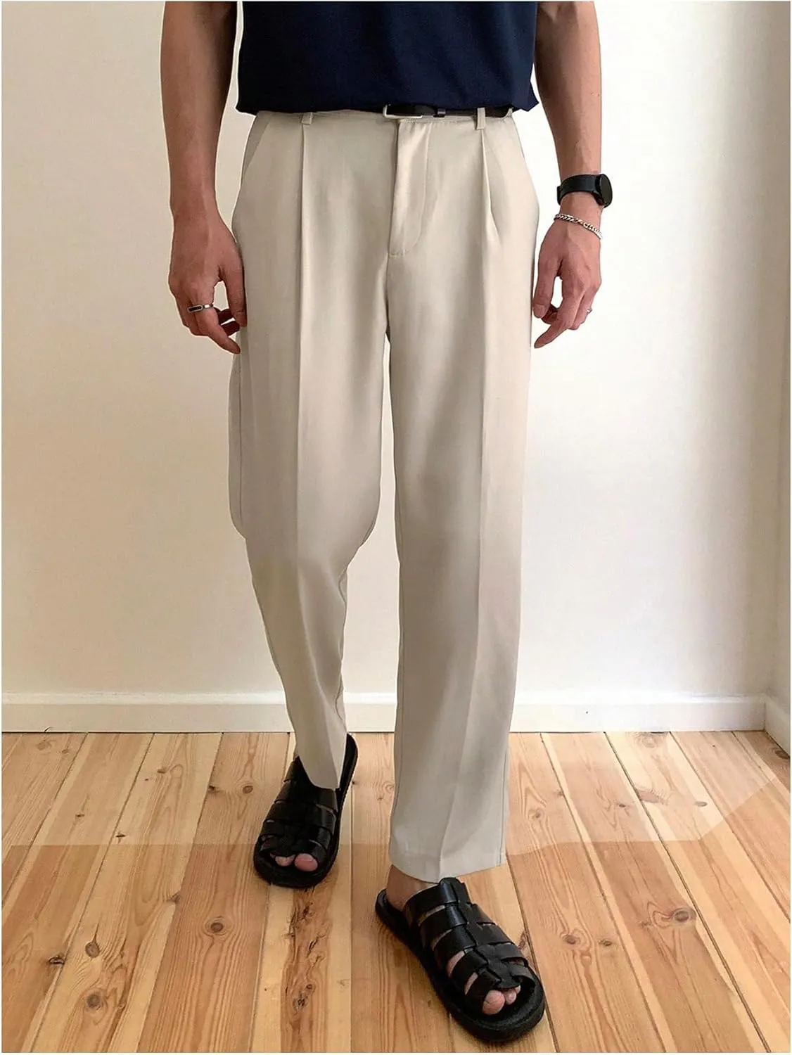 GORGLITTER Men's Pleated Dress Pants High Waisted Work Office Business Tapered Suit Pants with Pockets
