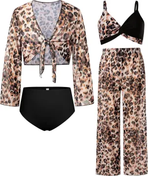 GRACE KARIN Teen Girls Bathing Suits Kids 4 Piece Long Sleeve Swimsuit Kimono Up Pants Bikini Tankini Set Swimwear