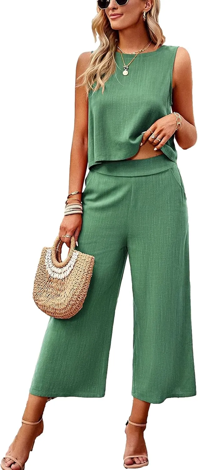 HangNiFang Womens Summer Casual 2 Piece Outfits Round Neck Crop Top Cropped Wide Leg Pants Jumpsuit with Pockets