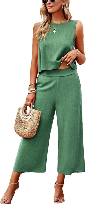 HangNiFang Womens Summer Casual 2 Piece Outfits Round Neck Crop Top Cropped Wide Leg Pants Jumpsuit with Pockets