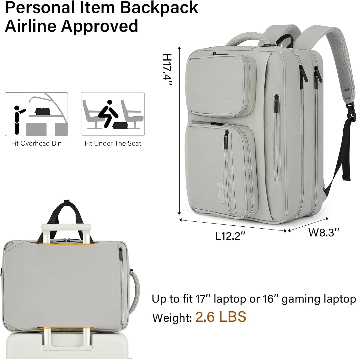 Hanke Multifunctional Carry On Luggage Bag, Personal Item Travel Bag 18x14x8 Airline Approved, Lightweight Under Seat Bags for Airplanes, Overnight Weekender Bags for Women, Rock Grey