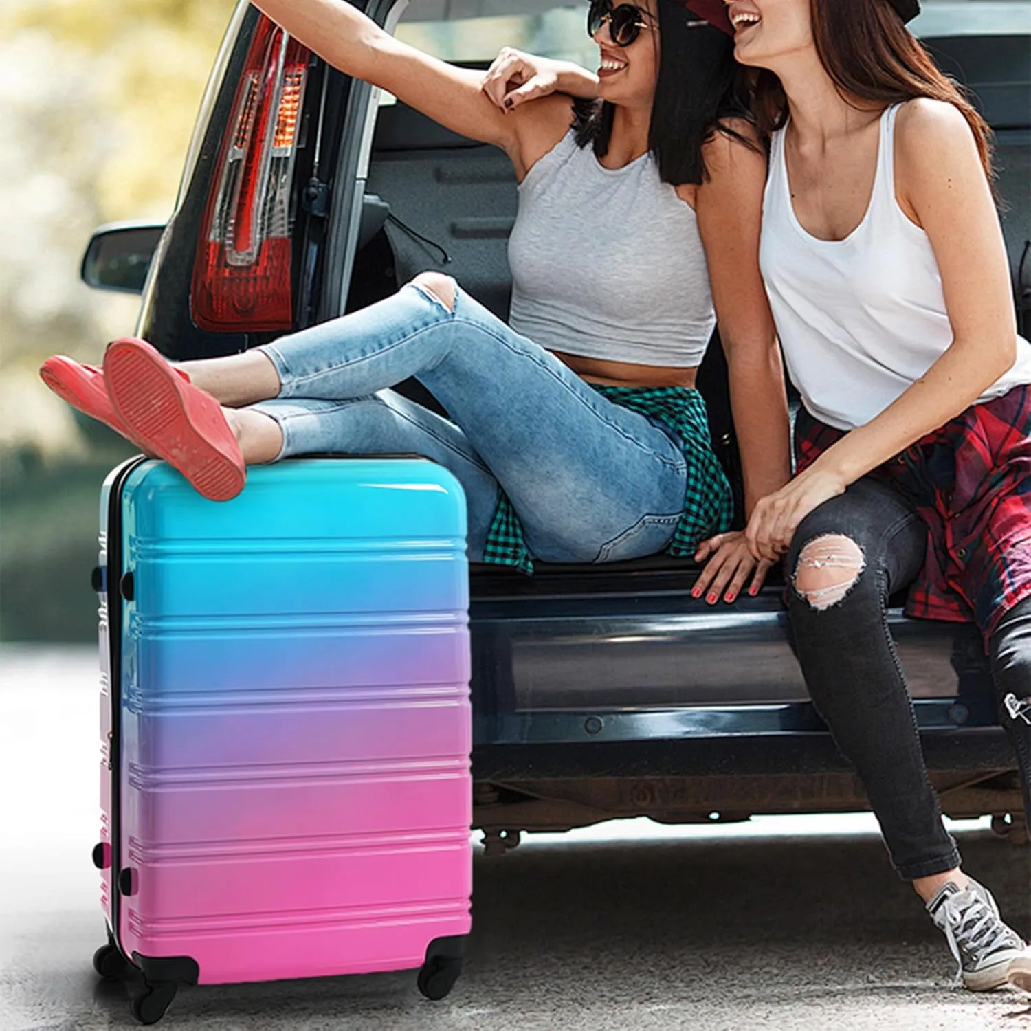 Hardshell 3-Piece Gradient Luggage Set Expandable Luggage Set with 360 Spinner Wheels & TSA Lock - Lightweight Suitcases in 20"/24"/28" Sizes (Blue and Red)