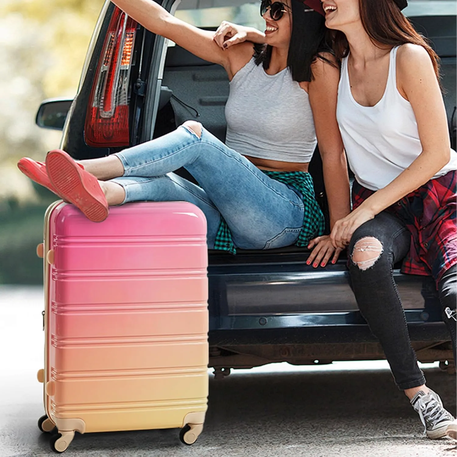 Hardshell 3-Piece Gradient Luggage Set Expandable Luggage Set with 360 Spinner Wheels & TSA Lock - Lightweight Suitcases in 20"/24"/28" Sizes (Pink and Yellow)