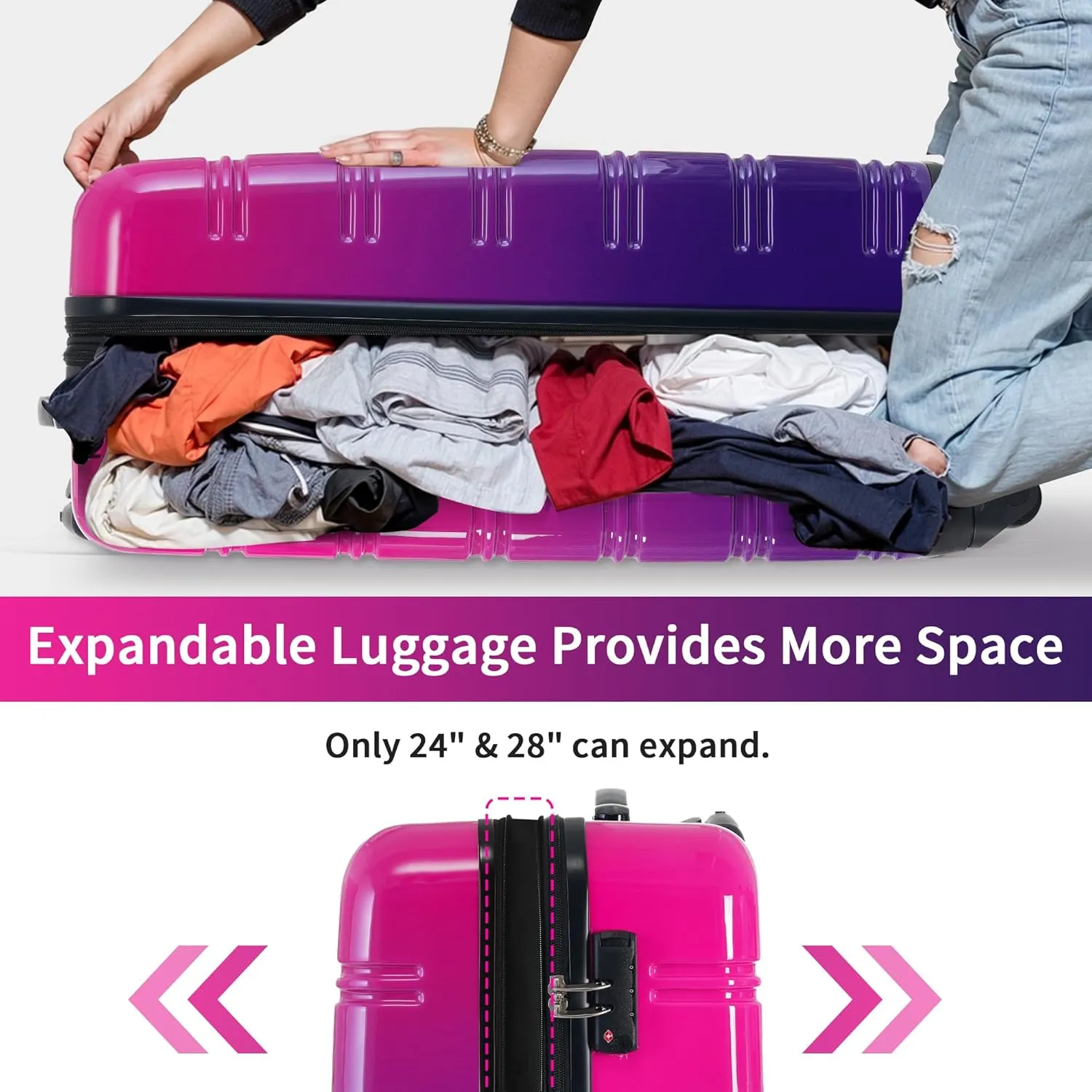 Hardshell 3-Piece Gradient Luggage Set Expandable Luggage Set with 360 Spinner Wheels & TSA Lock - Lightweight Suitcases in 20"/24"/28" Sizes (Purple and Pink)