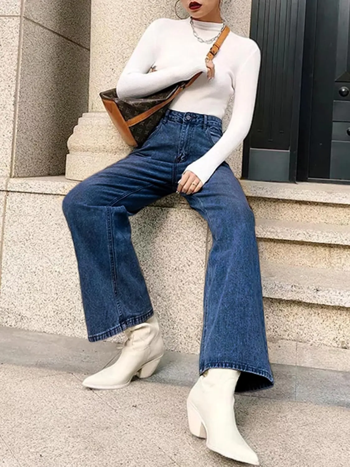 HDLTE Women Ripped Boyfriends Jeans Distressed High Waist Baggy Denim Pants Wide Leg Straight Trousers Y2k Streetwear Pants