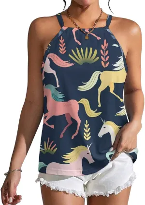 Horses Pattern Women's Tank Top Sleeveless Spaghetti Straps Tie Back Print T-shirt Tops