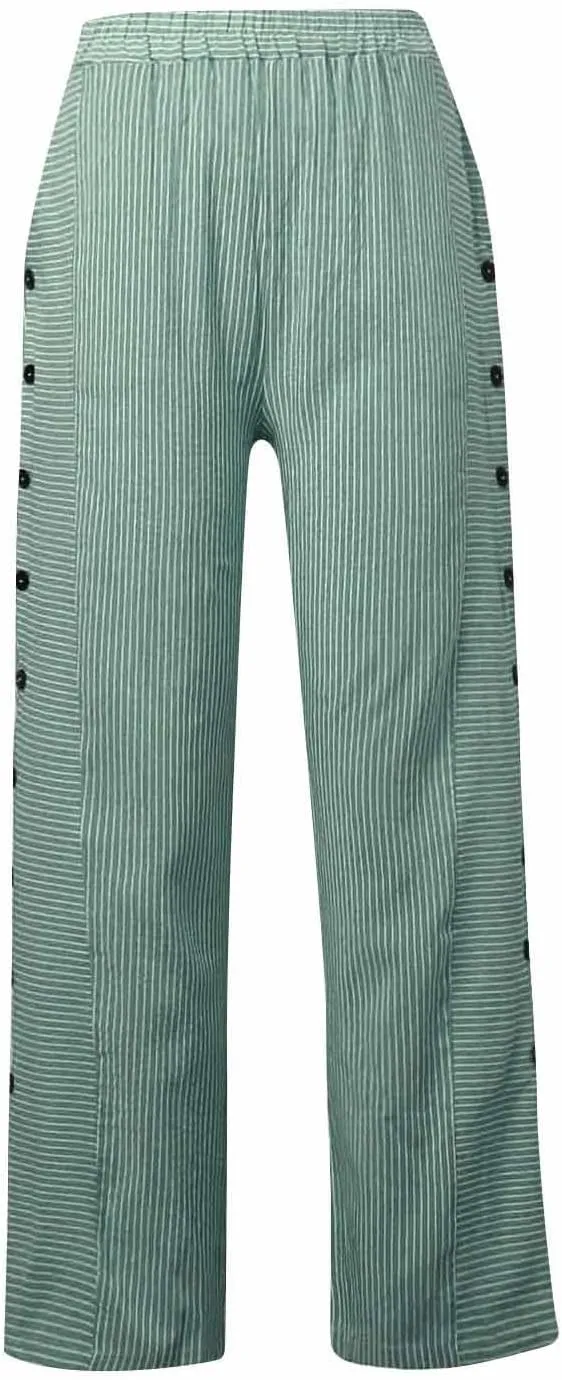 HXHYQKP Summer Pants for Women Casual Pants Stripe Print Side Button Trendy Pants Elastic Waist Straight Leg Trousers