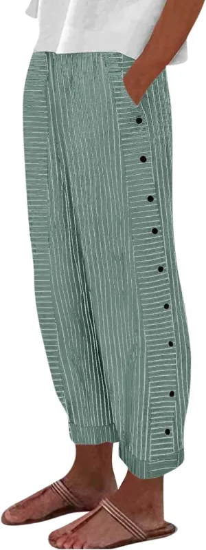 HXHYQKP Summer Pants for Women Casual Pants Stripe Print Side Button Trendy Pants Elastic Waist Straight Leg Trousers