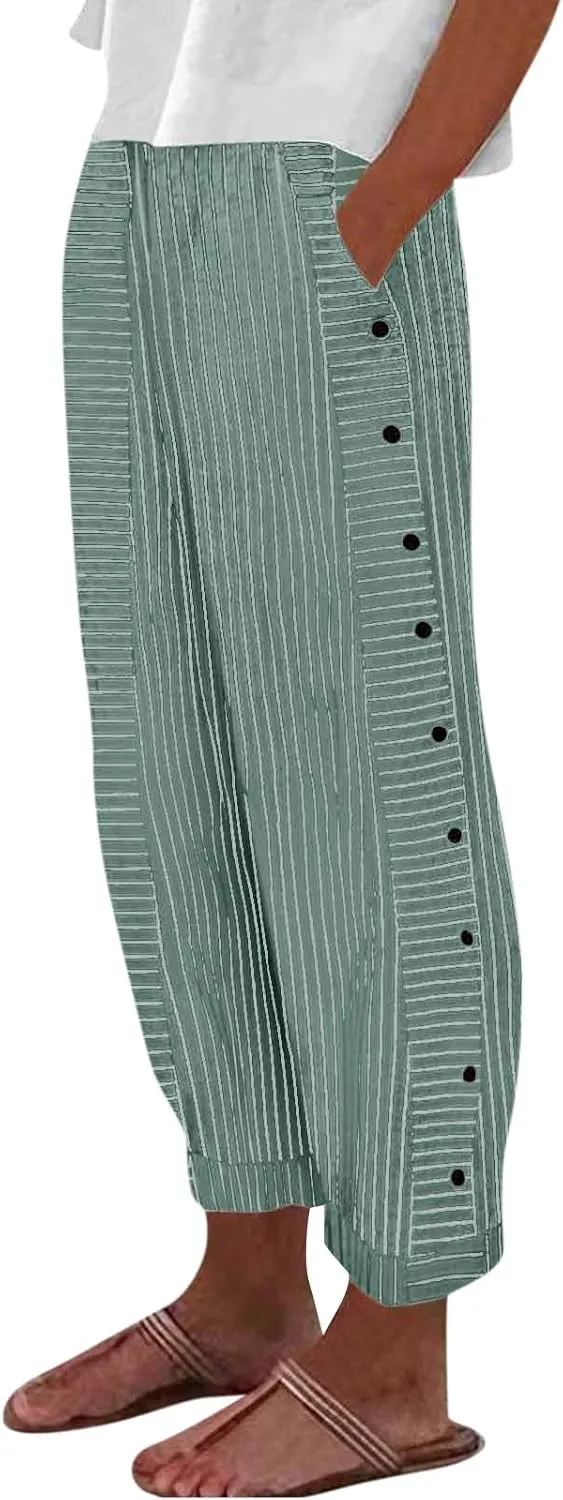 HXHYQKP Summer Pants for Women Casual Pants Stripe Print Side Button Trendy Pants Elastic Waist Straight Leg Trousers