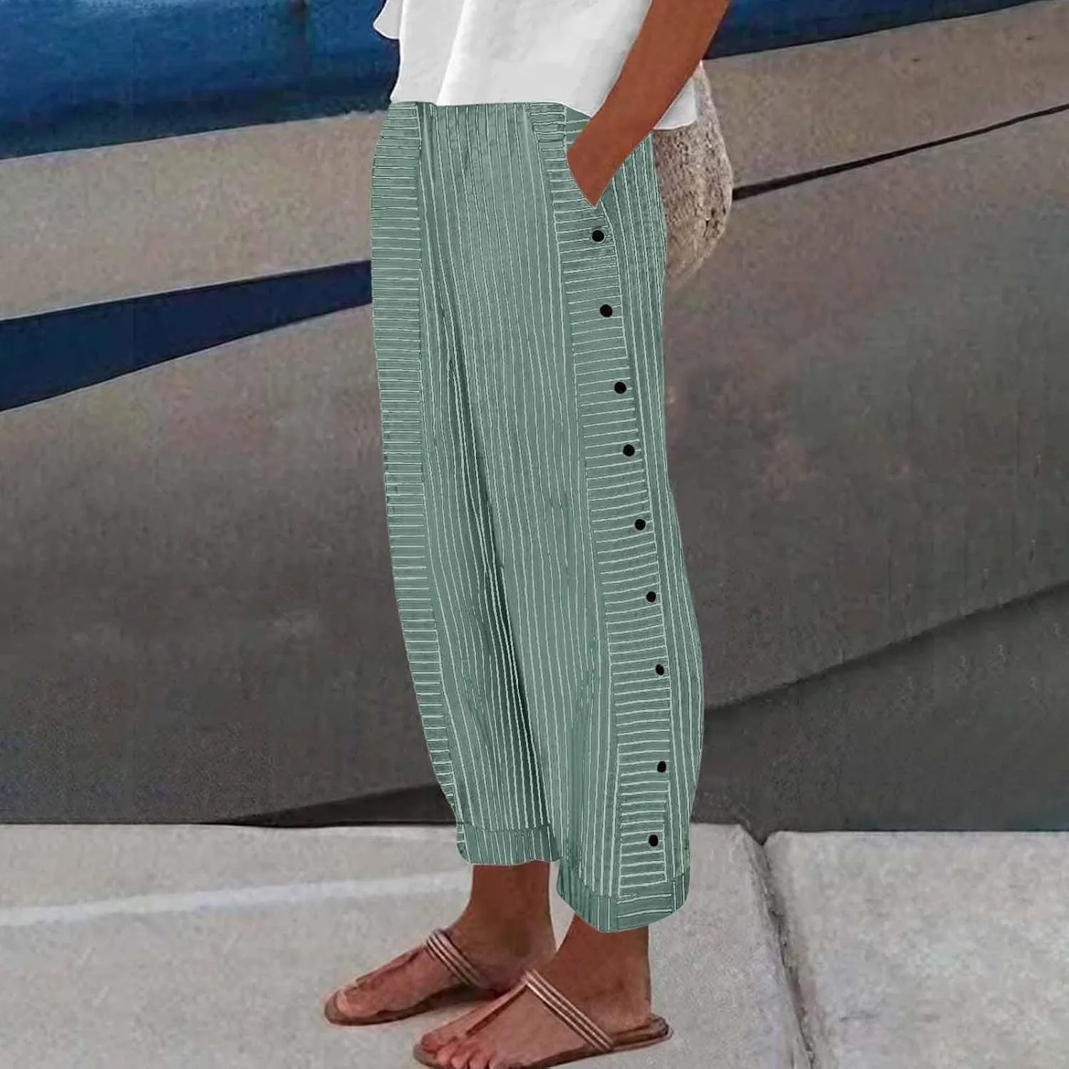 HXHYQKP Summer Pants for Women Casual Pants Stripe Print Side Button Trendy Pants Elastic Waist Straight Leg Trousers