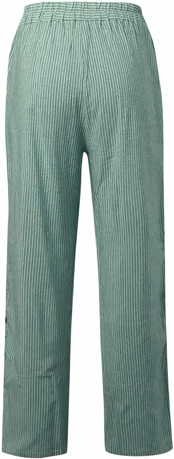 HXHYQKP Summer Pants for Women Casual Pants Stripe Print Side Button Trendy Pants Elastic Waist Straight Leg Trousers