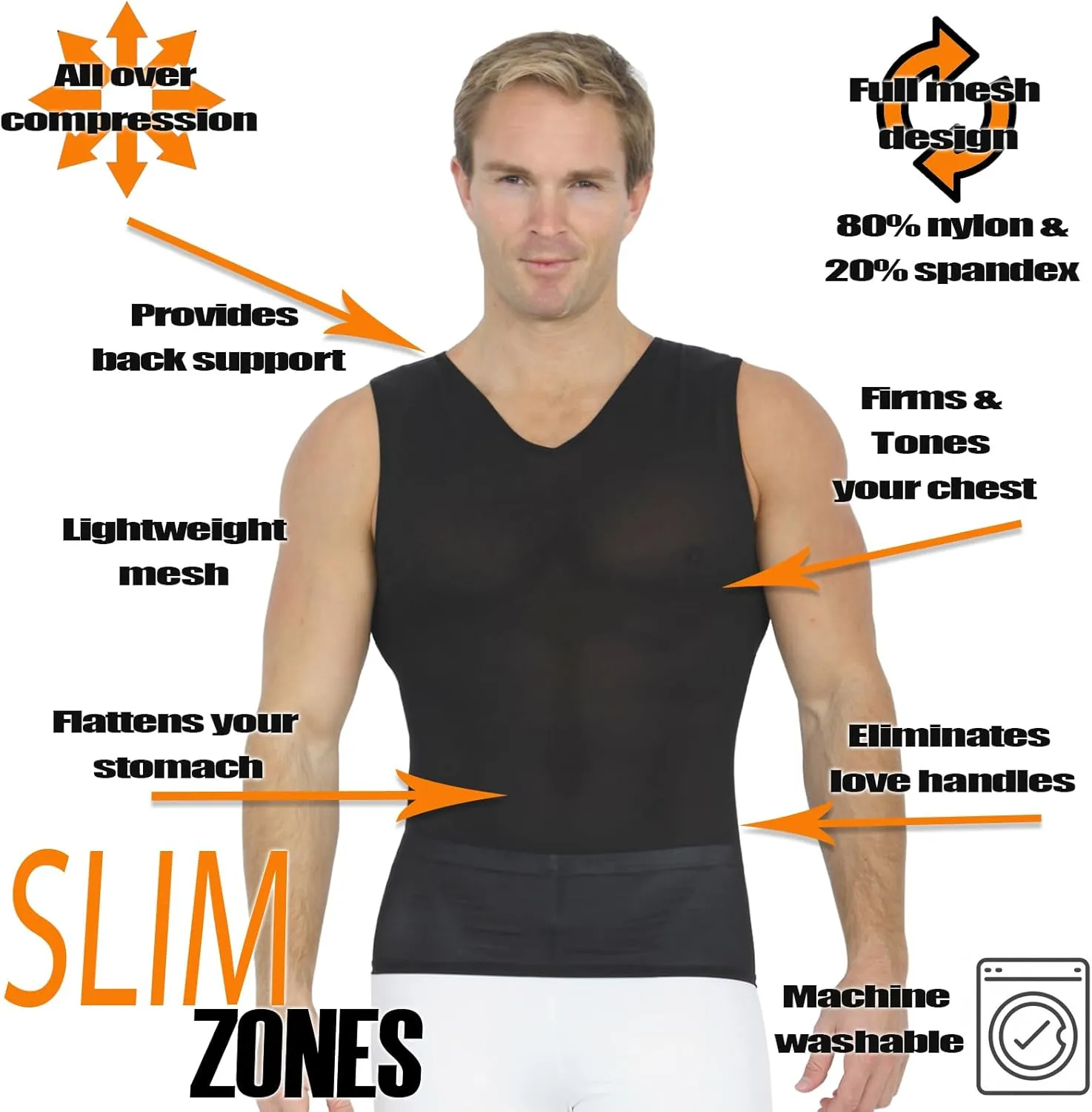 Insta Slim Mens Compression Sleeveless V Neck Muscle Shirt- Slimming Body Shaper Undershirt