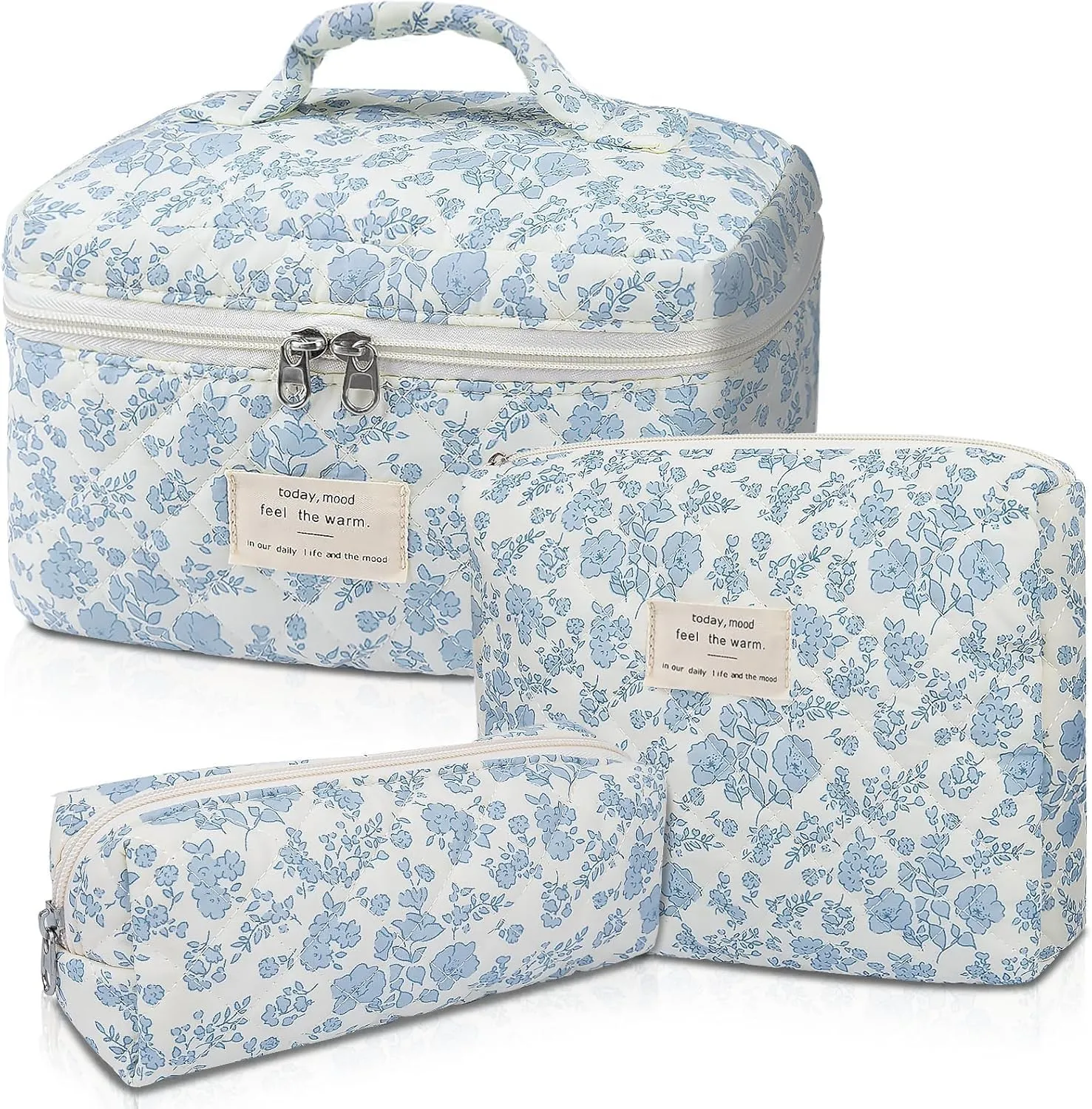 INVODA Makeup Bag Travel Toiletry Organizer  Large Quilted Cosmetic Bag Set for Women, 3-Size Floral Makeup Pouch, Cotton Beauty Storage Bag Gift