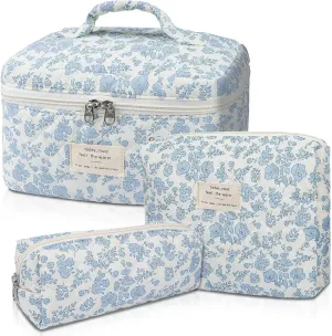 INVODA Makeup Bag Travel Toiletry Organizer  Large Quilted Cosmetic Bag Set for Women, 3-Size Floral Makeup Pouch, Cotton Beauty Storage Bag Gift