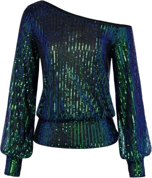 KANCY KOLE Sequin One Shoulder Sparkly Long Sleeve Tops for Holiday Evening Party Club Night