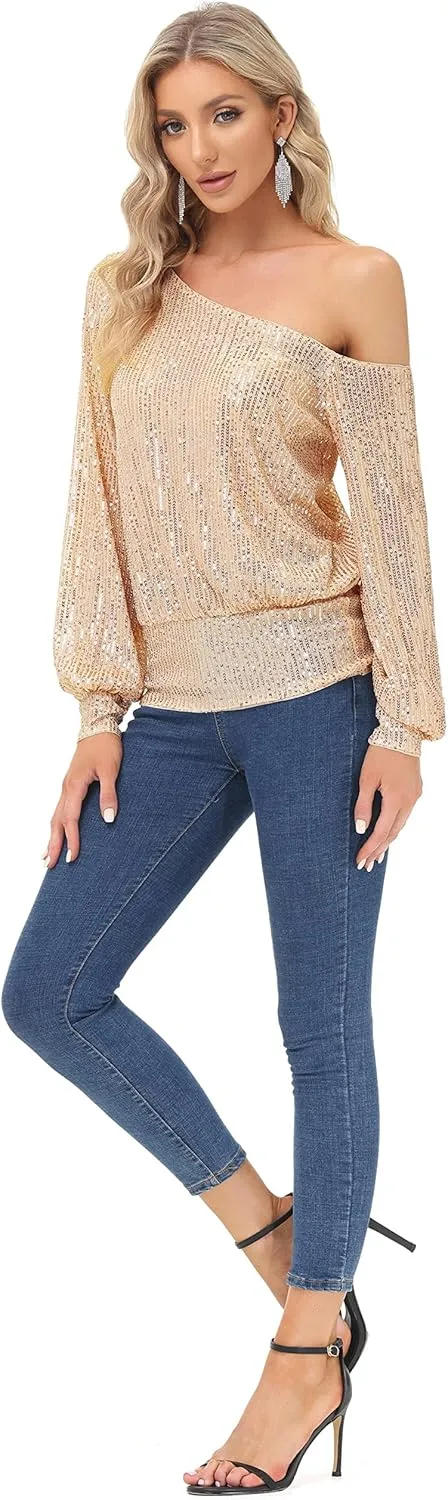 KANCY KOLE Sequin One Shoulder Sparkly Long Sleeve Tops for Holiday Evening Party Club Night