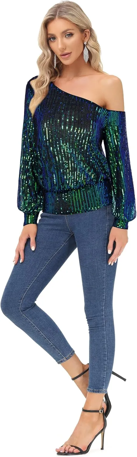 KANCY KOLE Sequin One Shoulder Sparkly Long Sleeve Tops for Holiday Evening Party Club Night