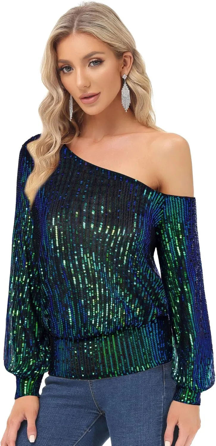 KANCY KOLE Sequin One Shoulder Sparkly Long Sleeve Tops for Holiday Evening Party Club Night