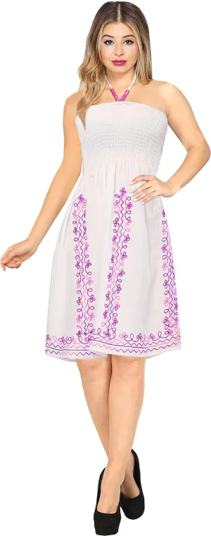 LA LEELA Women's Beach Summer Casual Smocked Mini Swing Dress Tube Top Strapless Dresses for Women One Size Snow, Solid