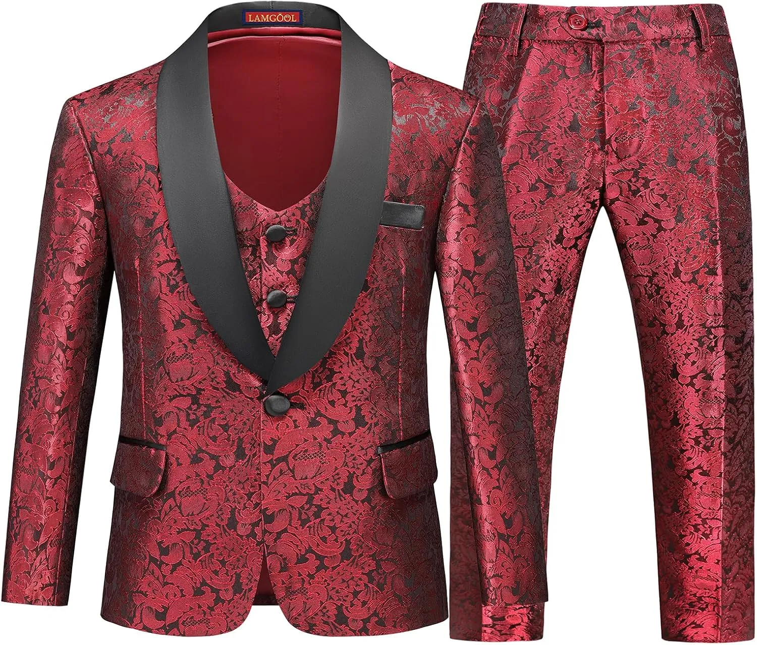 Lamgool Boys Suit 3 Pieces Slim Fit Tuxedo Formal Set with Floral Jacquard Jacket Pant Vest for Wedding Prom Party Size 4-16Y