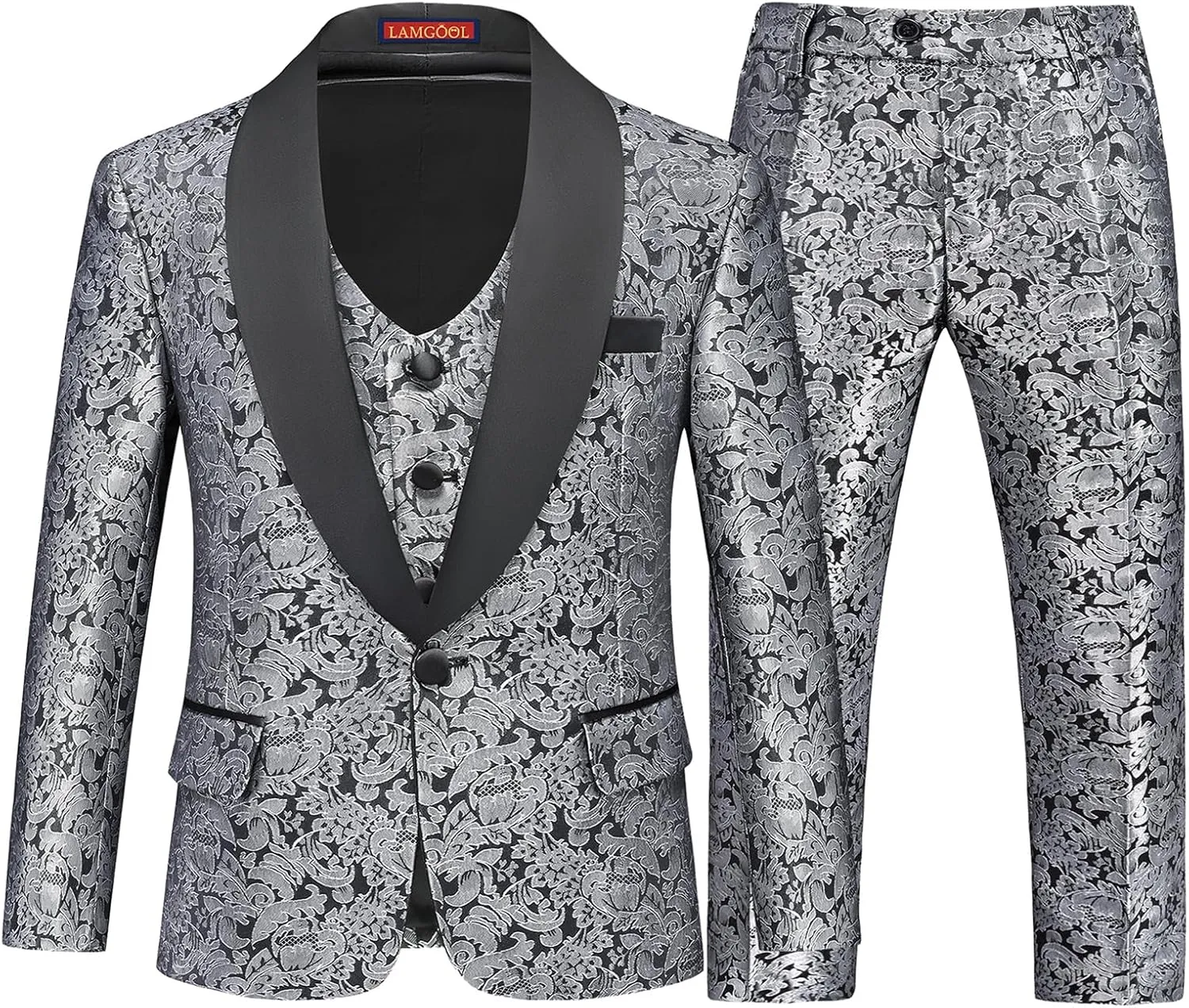 Lamgool Boys Suit 3 Pieces Slim Fit Tuxedo Formal Set with Floral Jacquard Jacket Pant Vest for Wedding Prom Party Size 4-16Y