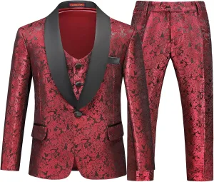 Lamgool Boys Suit 3 Pieces Slim Fit Tuxedo Formal Set with Floral Jacquard Jacket Pant Vest for Wedding Prom Party Size 4-16Y