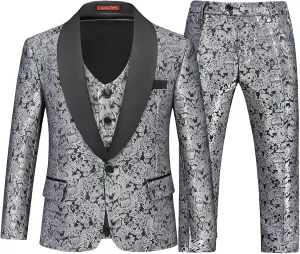 Lamgool Boys Suit 3 Pieces Slim Fit Tuxedo Formal Set with Floral Jacquard Jacket Pant Vest for Wedding Prom Party Size 4-16Y