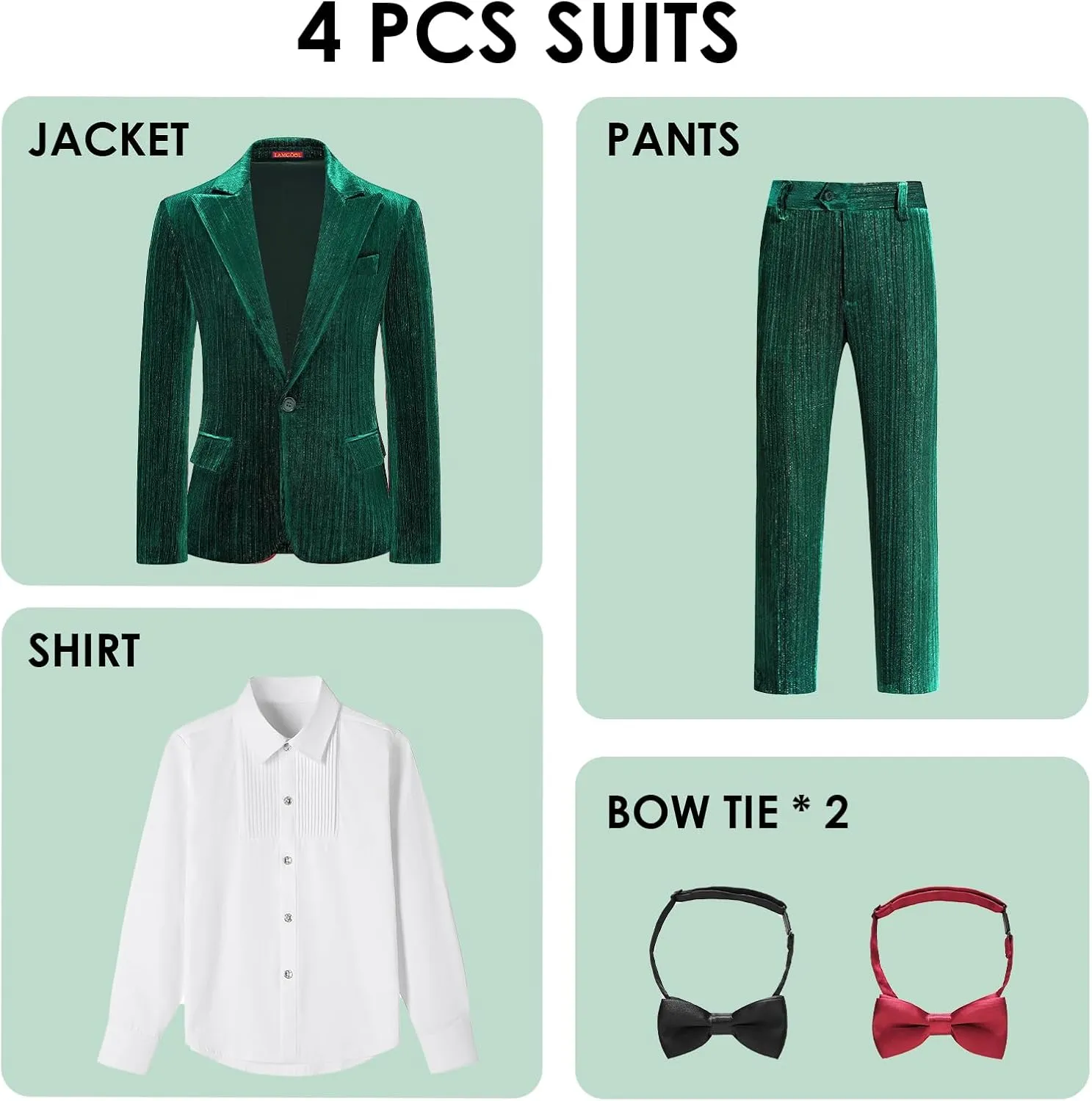 Lamgool Boys Velvet Suit Set Slim Fit Tuxedo Kids Formal Outfit 4 Piece with Blazer Jacket Shirt Pant Bow Tie for Wedding
