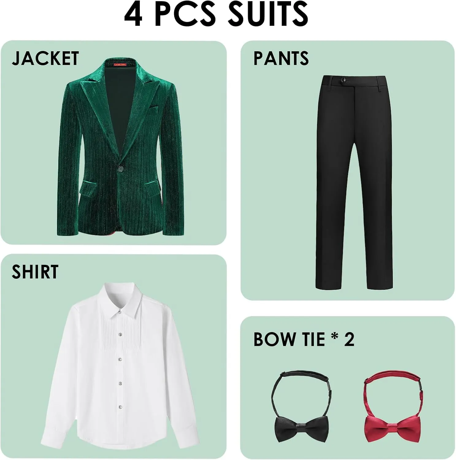 Lamgool Boys Velvet Suit Set Slim Fit Tuxedo Kids Formal Outfit 4 Piece with Blazer Jacket Shirt Pant Bow Tie for Wedding
