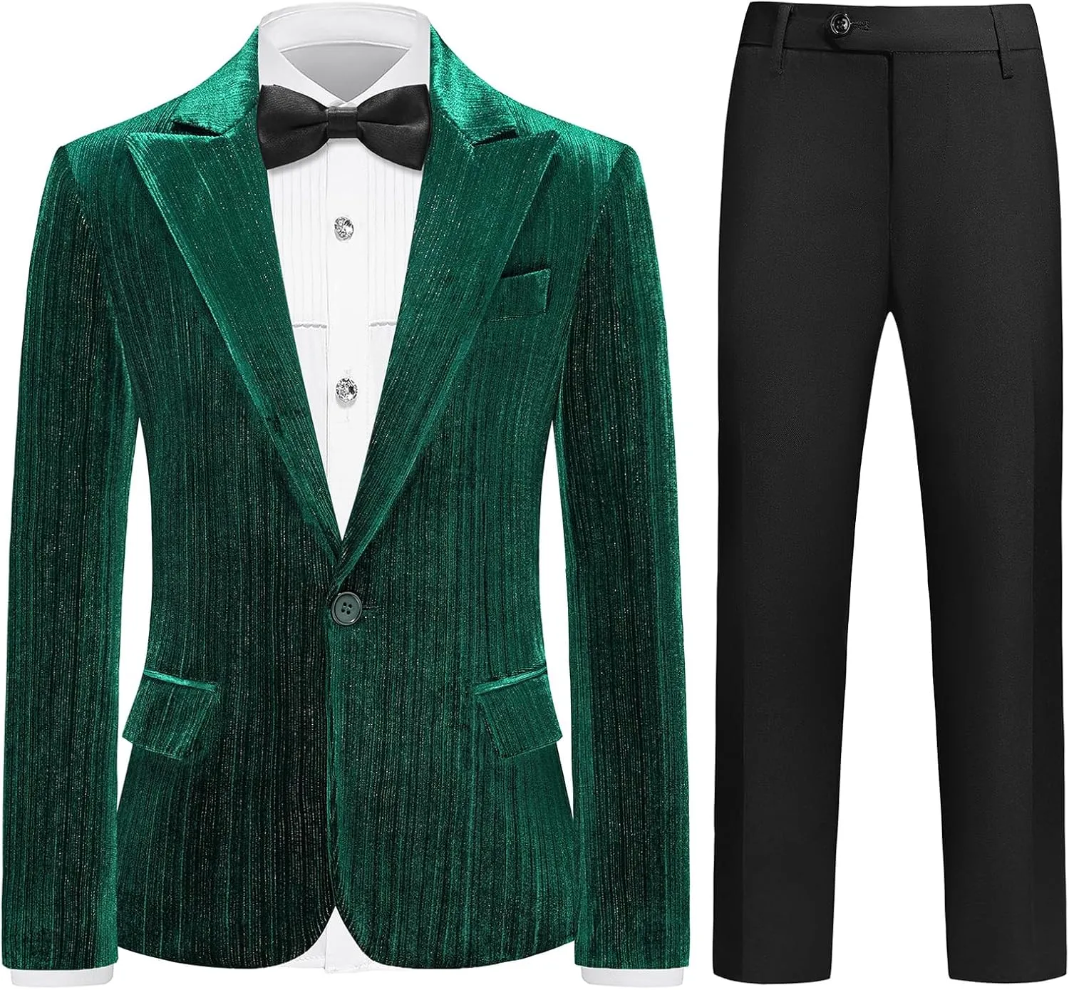 Lamgool Boys Velvet Suit Set Slim Fit Tuxedo Kids Formal Outfit 4 Piece with Blazer Jacket Shirt Pant Bow Tie for Wedding