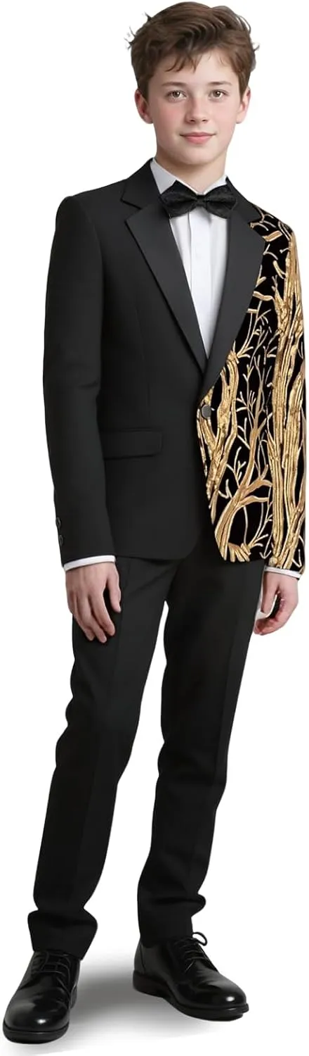 Lamgool Tuxedo Suits for Boys Kids Formal Outfit 4-Piece Set with Sequin Blazer Dress Shirt Black Pants Bow tie Prom Wedding