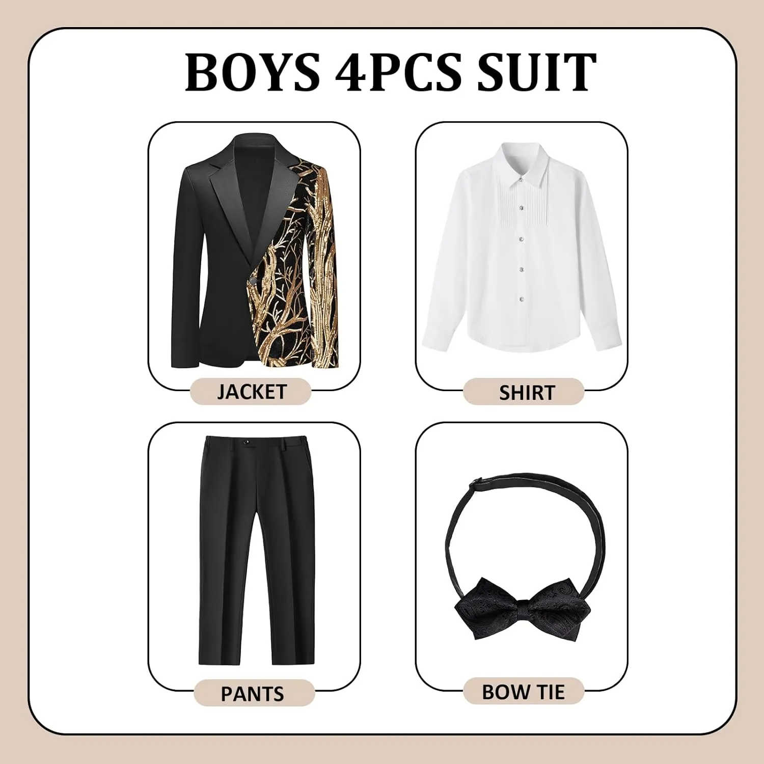 Lamgool Tuxedo Suits for Boys Kids Formal Outfit 4-Piece Set with Sequin Blazer Dress Shirt Black Pants Bow tie Prom Wedding