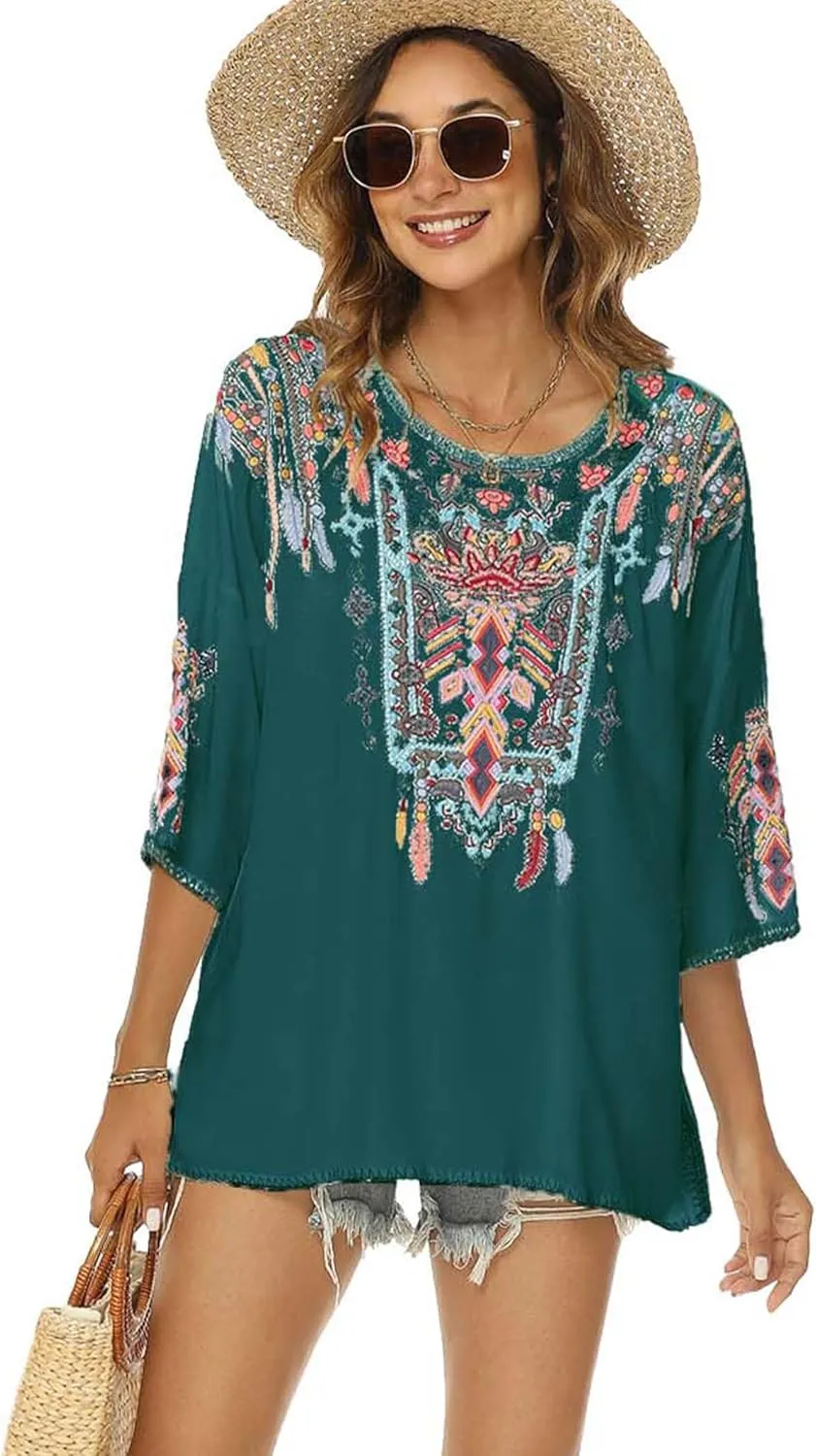 LauraKlein Women Mexican Embroidered Shirt for Women Bohemian Style Top Blouse 3/4 Sleeve Summer Casual Tunics