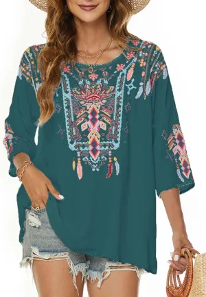 LauraKlein Women Mexican Embroidered Shirt for Women Bohemian Style Top Blouse 3/4 Sleeve Summer Casual Tunics