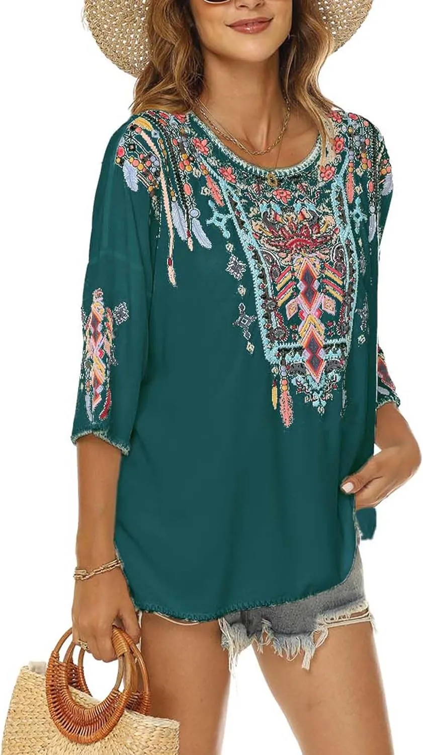 LauraKlein Women Mexican Embroidered Shirt for Women Bohemian Style Top Blouse 3/4 Sleeve Summer Casual Tunics