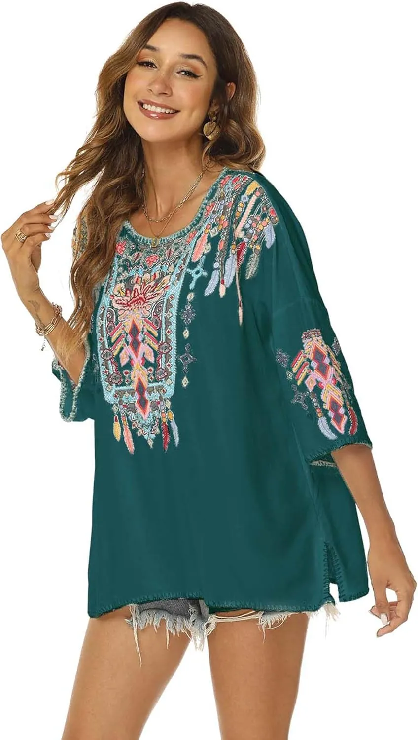 LauraKlein Women Mexican Embroidered Shirt for Women Bohemian Style Top Blouse 3/4 Sleeve Summer Casual Tunics