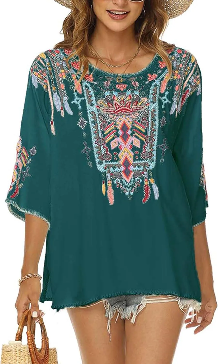 LauraKlein Women Mexican Embroidered Shirt for Women Bohemian Style Top Blouse 3/4 Sleeve Summer Casual Tunics